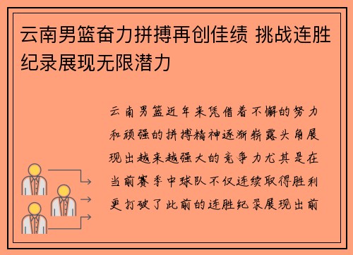 云南男篮奋力拼搏再创佳绩 挑战连胜纪录展现无限潜力