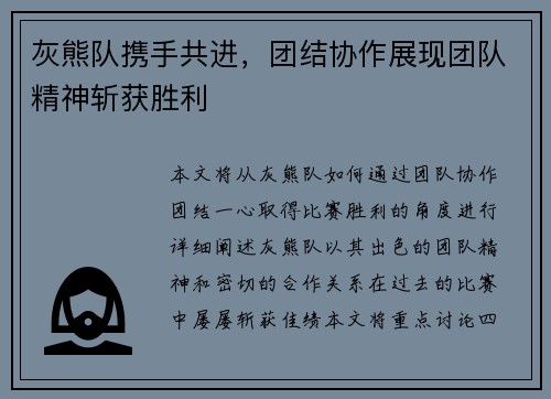 灰熊队携手共进，团结协作展现团队精神斩获胜利