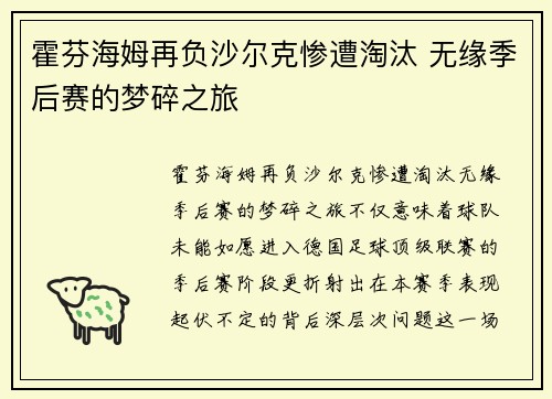 霍芬海姆再负沙尔克惨遭淘汰 无缘季后赛的梦碎之旅