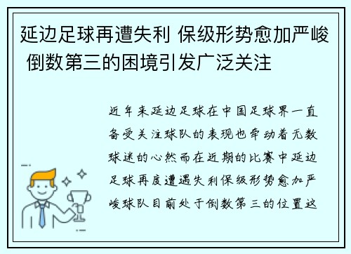 延边足球再遭失利 保级形势愈加严峻 倒数第三的困境引发广泛关注