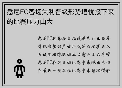 悉尼FC客场失利晋级形势堪忧接下来的比赛压力山大