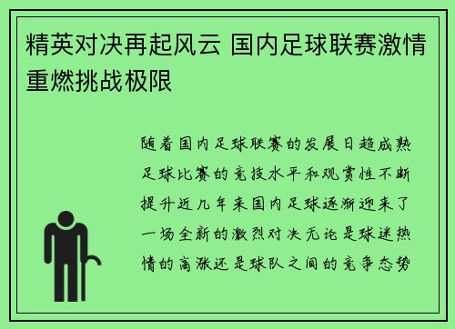 精英对决再起风云 国内足球联赛激情重燃挑战极限